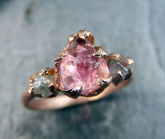 Raw Pink Tourmaline Diamond Rose Gold Engagement Ring Wedding Ring Custom One Of a Kind Gemstone Ring Three stone Ring byAngeline