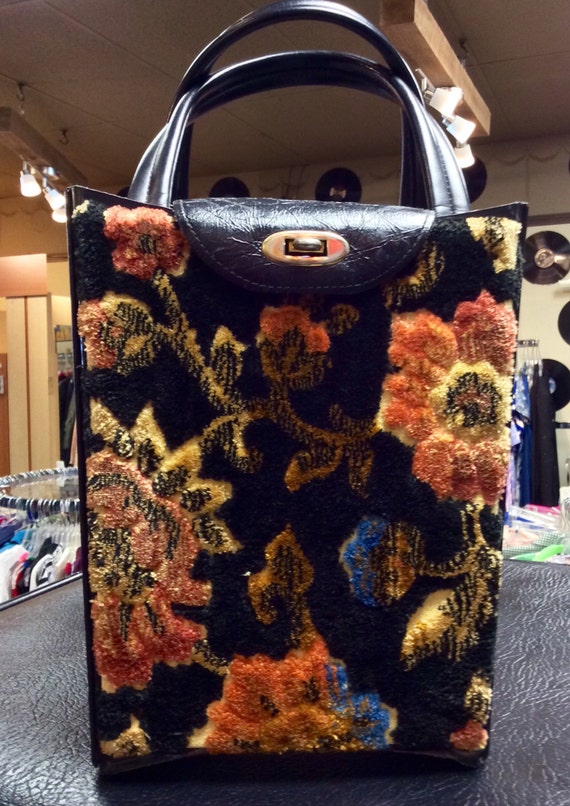 RESERVED FOR BECCA Black Bucket or Box Purse with Floral