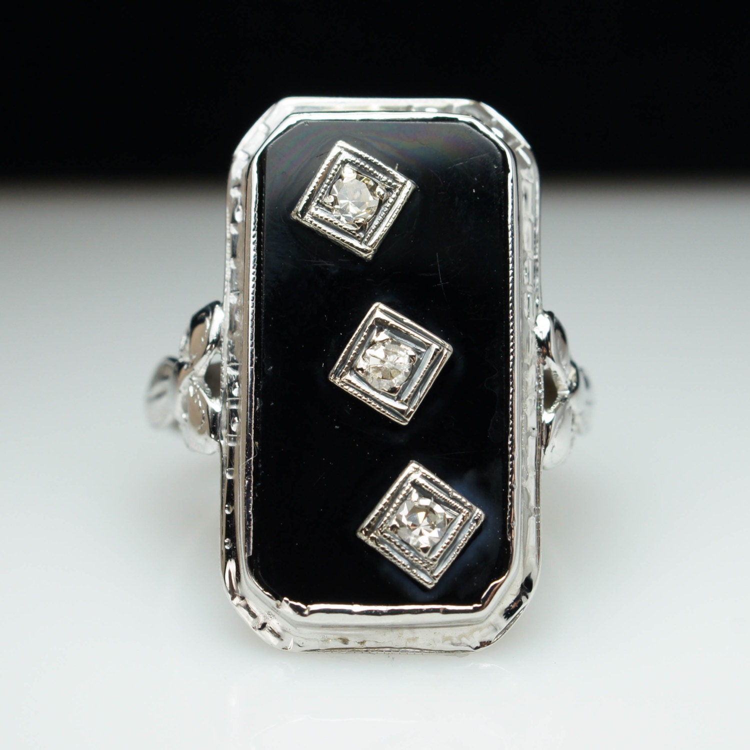 HOLIDAY SALE Vintage Antique Diamond & Onyx Ring 14k White