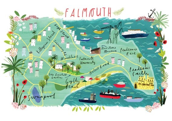 Illustrated A4 Map of Falmouth Cornwall UK. by clairrossiter