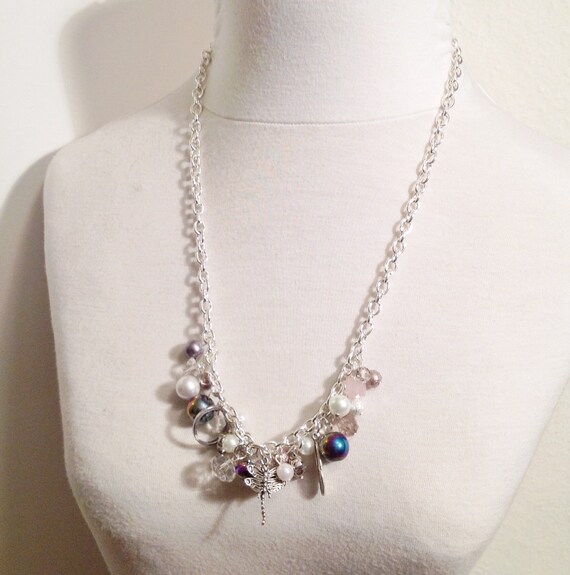 Silver bauble charm necklace // purple and silver beads