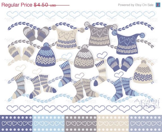 ON SALE 70 % OFF Winter caps, socks, mittens clip art set, digital papers pack , knitted accessories clipart, blue scrapbooking kit, instant Il_570xn