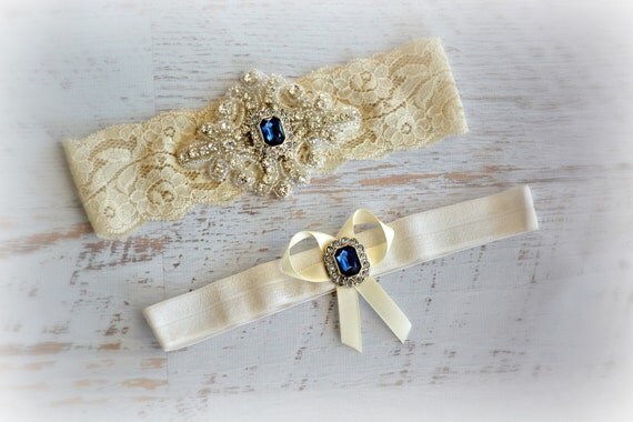 Ivory White Lace Sapphire Blue Bridal Garter Belt Wedding Set