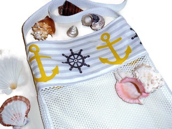 Kids Mesh Beach Tote Bag, Nautical Anchor Sea Shell Collecting Bag