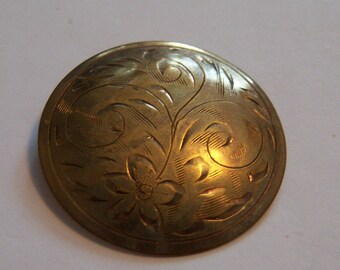 Stamped GF Etched Fern Circle Brooch. Embossed Flower Pin.