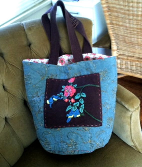Large and Handy Embroidered Denim Tote Bag