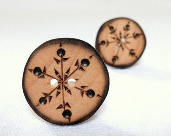Wood Buttons, Snowflake Buttons, 1 Inch Wooden Buttons, Handmade Buttons 2 pce