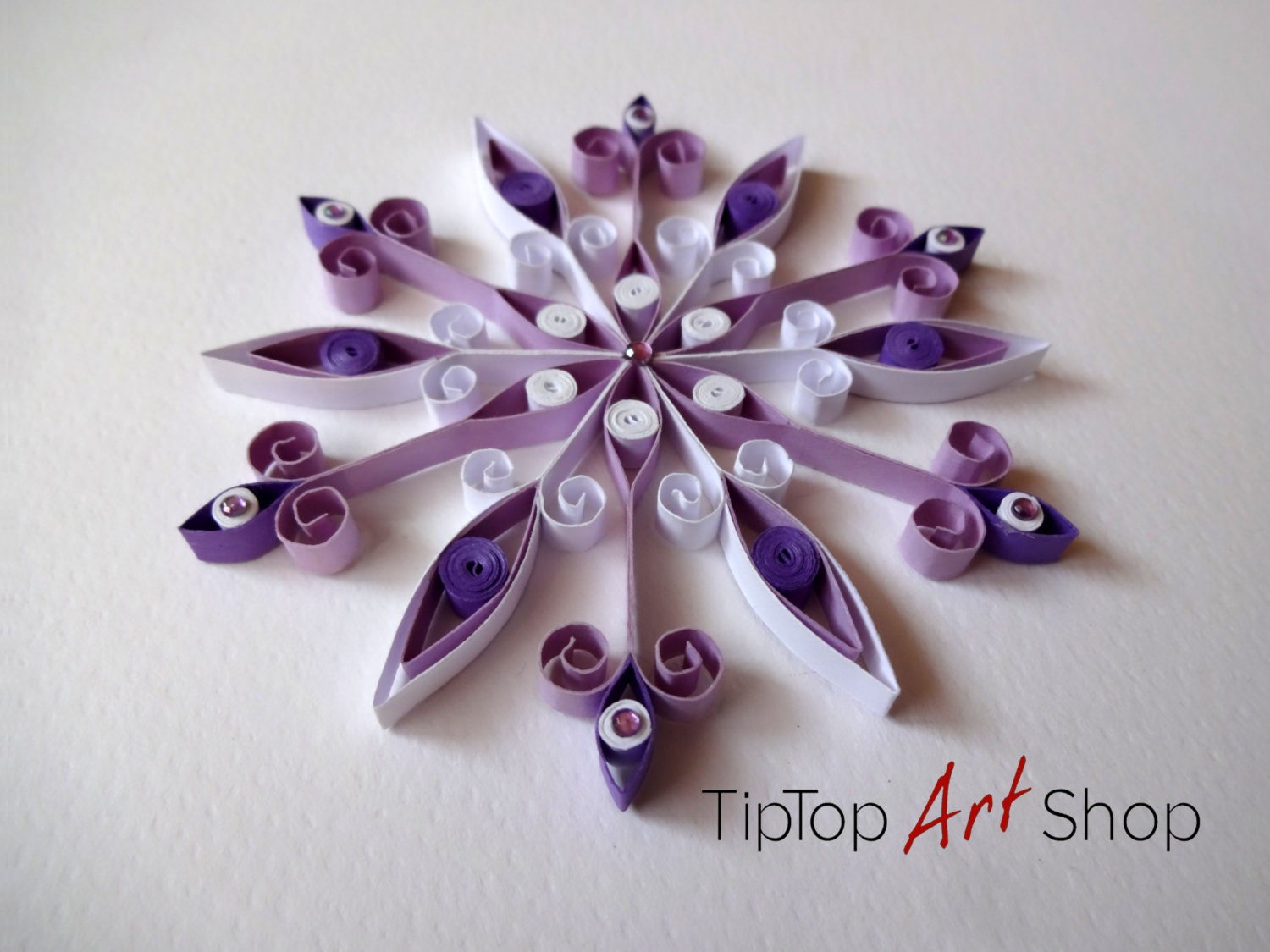 Quilled Christmas Decoration - Handmade Paper Snowflake Ornament in Purple and White; Gift Wrapped