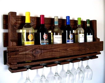 Reclaimed Wood Wine Rack Wine Bottle Wine Glass Pallet Wood Wine Rack Dark Walnut Brown or Natural (no color) Eco Friendly