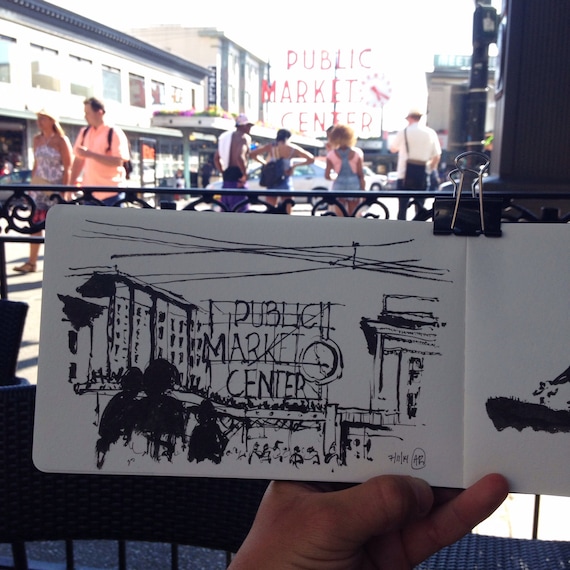 Hand Drawn Pen and Ink Urban Sketch of Pike Place Market