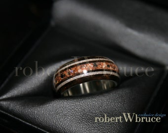 Meteorite & Dinosaur Bone Men's Exotic Wood Ring // Ebony w/ Sterling Silver Liner - Exclusive rWb Custom Design
