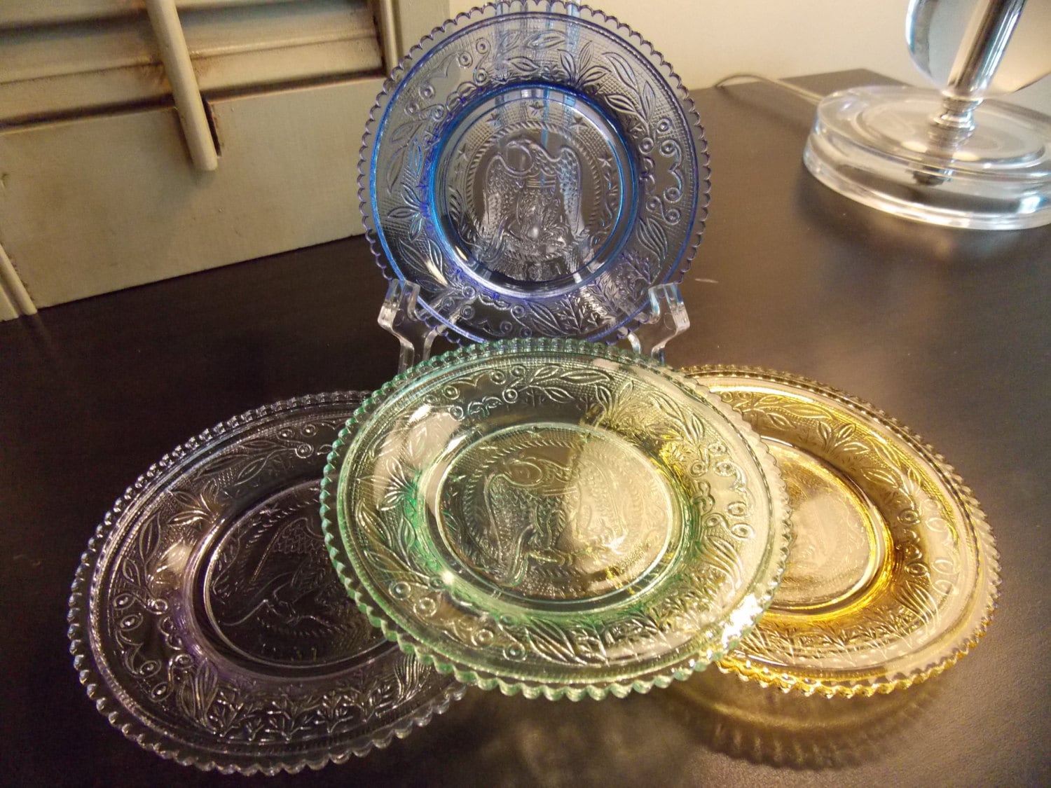 Vintage Petite GLASS PLATES, Set of Four, Variety of Four Colors
