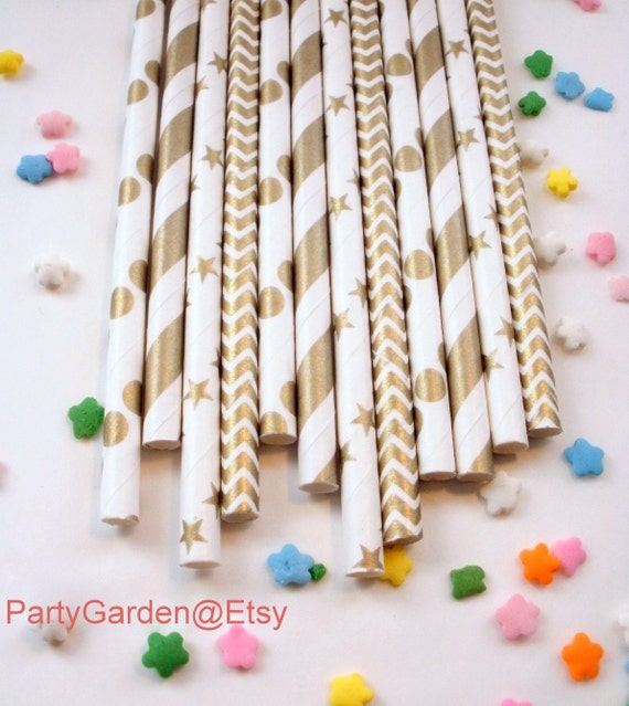 50 Shimmering Gold Metallic Paper Straws - With Free Printable DIY Flags Il_570xn
