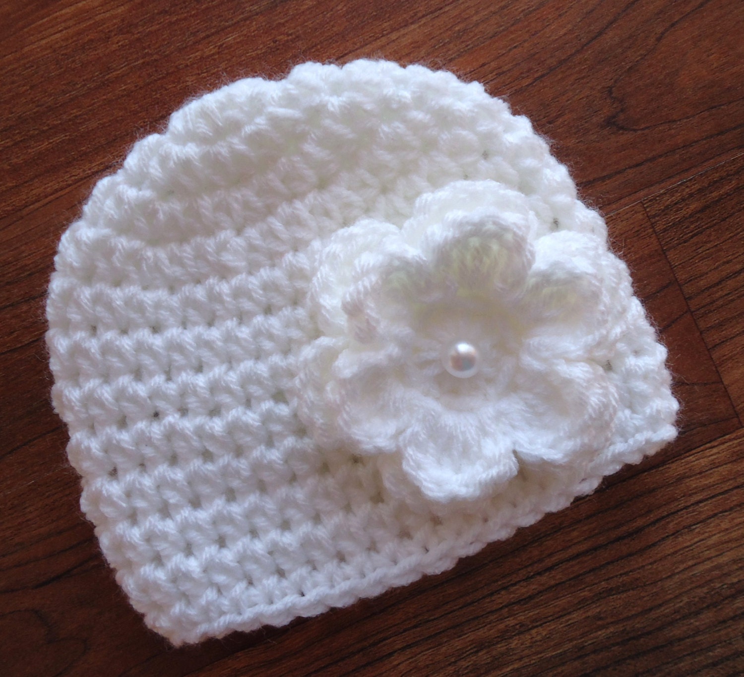 Crocheted Baby Girl Hat with Flower White Hat by KaraAndMollysKids