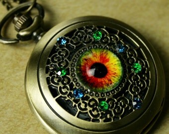 Steampunk Bronze Antique Pocket Watch Necklace Pirate Victorian Locket Pendant Charm timepiece Glass Dragon eye