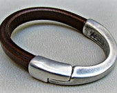 FREE SHIPPING,genuine, leather, men,half, bracelet, cuff, minimal, brown,  black, antique, silver, plated,magnetic clasps,gift,  For Him