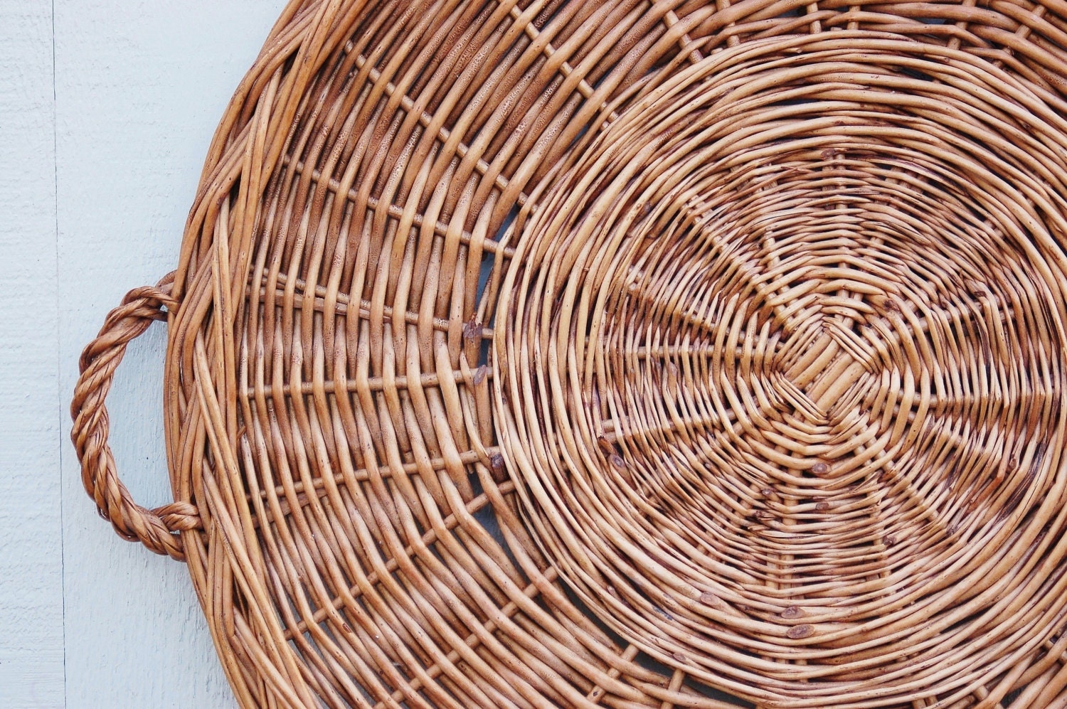 Large Round Wicker Tray French Hand Woven by CobblestonesVintage