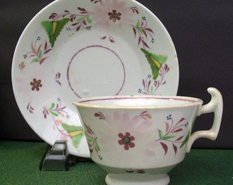 Antique Early Pink Lustreware – Lusterware Handled Cup and Saucer – Floral Design – Hand Painted - 19th Century -