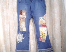 Hippie Patched Jeans Plus Size Jeans Upcycled Blue Jeans Size 1516 ...
