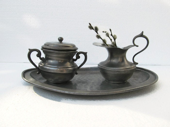 Sugar and creamer set tray, Pewter, Pewter Set, Vintage Set Tray, Sugar