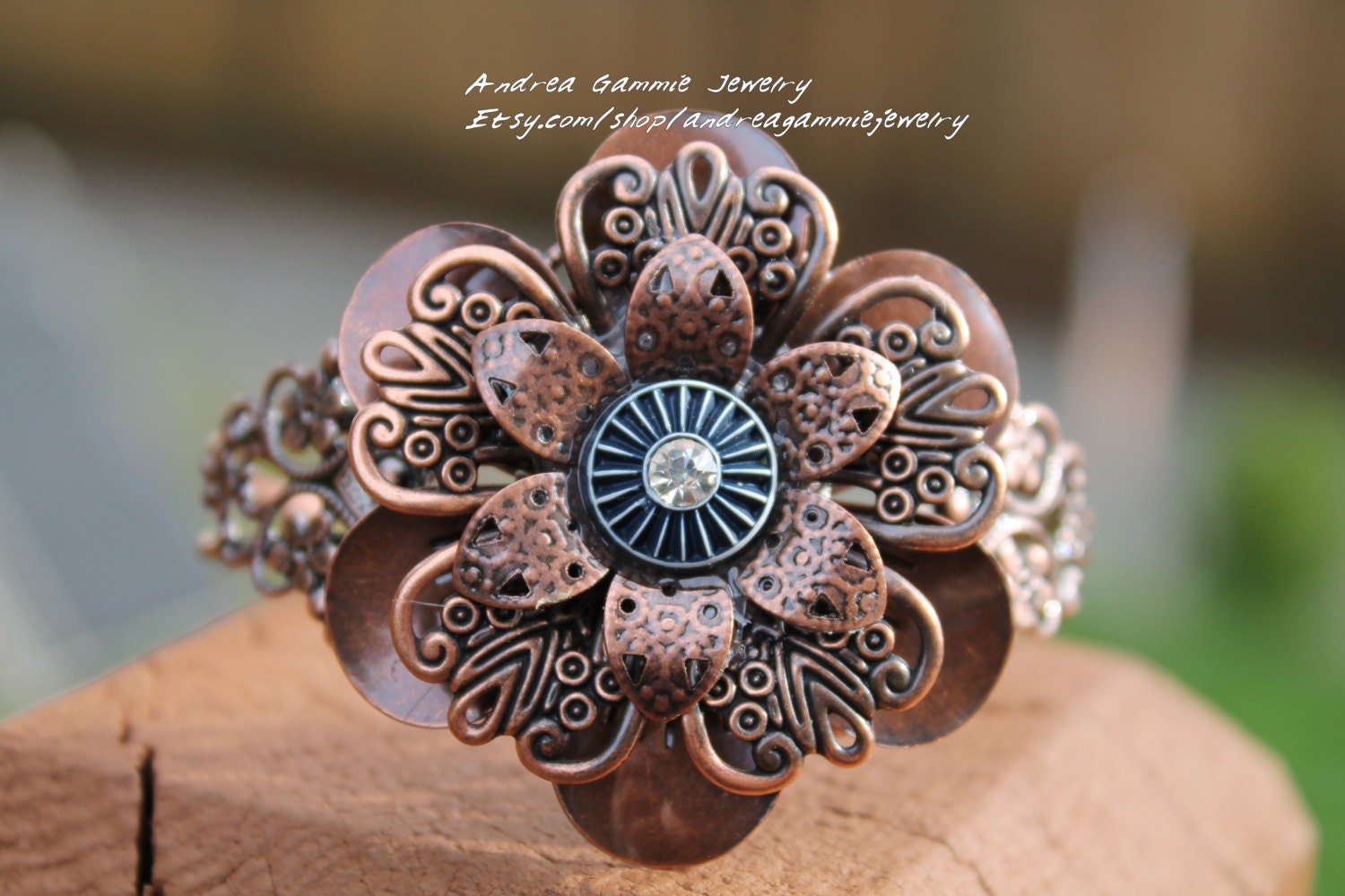 Womens copper cuff bracelet. Copper flower bracelet. Button