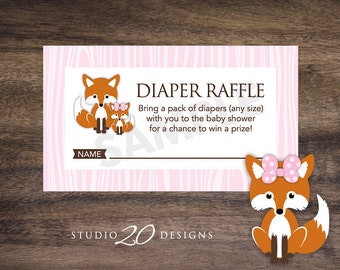Instant Download Pink Fox Baby Shower Diaper Raffle Cards, Printable Fox Diaper Prize Drawing, Pink Brown Fox Theme Baby Shower for Girl 65B