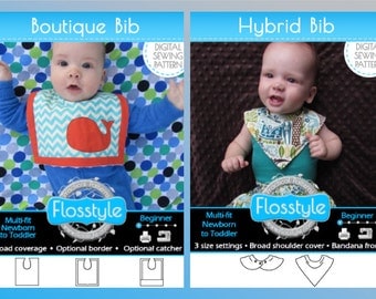 HYBRID + BOUTIQUE BIB + 40 Applique Designs Pdf Sewing Pattern - Best Bandana Dribble Bib Hybrid + Boutique Big bib with optional Pocket!