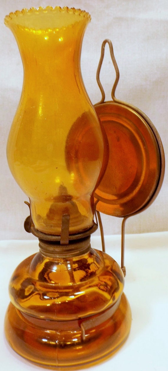 Vintage Oil Lamp Amber With Chimney And Reflector By Oldeberry