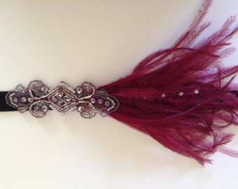 Burgundy Great Gatsby Headband, 1920s Headpiece ostrich feather fascinator stretch velvet elastic fascinate Bronze beaded Headband
