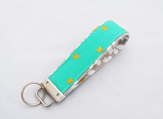 ... cross key fob, golden birds print, wristlet key fob, great gift idea