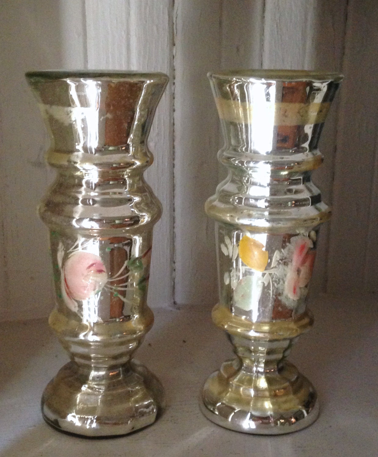 RESERVED // antique pair mercury glass vases circa 1900 large