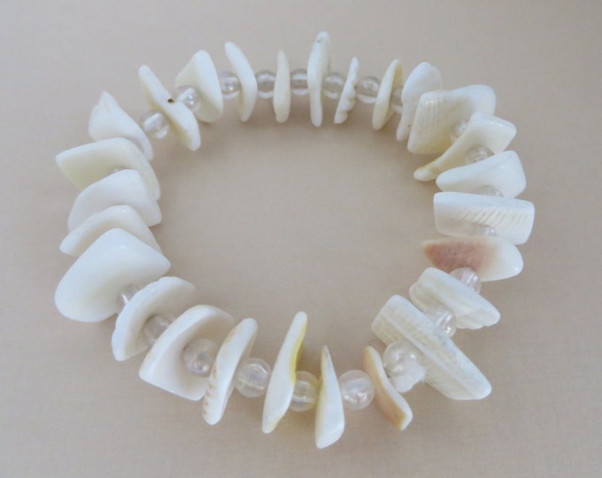 Vintage Mother of Pearl Stretch Bracelet, MOP Shell, Beads, Boho Summer Jewelry