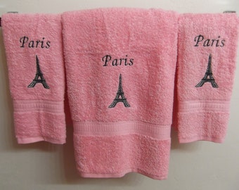 Embroidered ~PARIS EIFFEL TOWER~ Pink Set of 3 Bath & Hand Towels