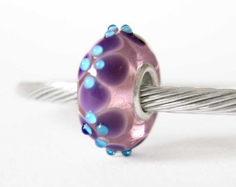 Purple and Blue Dots Murano Lampwork Sterling Silver European Style Large Hole Bead