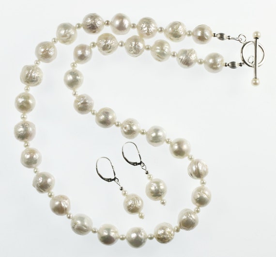 White Freshwater Blister Pearl Necklace & Earrings, Pearl Necklace, White Pearl Necklace