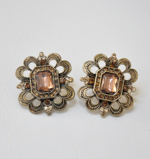 Vintage Topaz Earrings Avon SP Rhinestone Earrings Filigree