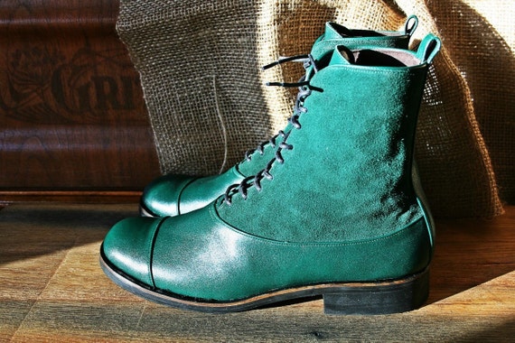 Items similar to Hand-crafted green leather and suede boots on Etsy
