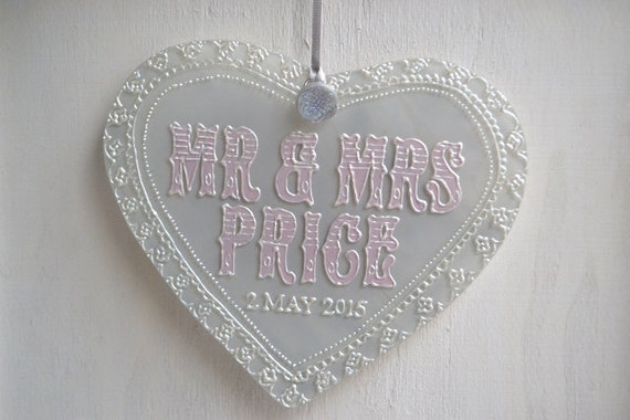 Hanging heart lace decoration personalised mr and mrs sign wedding gift anniversary gift home decor wedding decor glass decoration