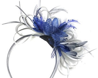 Grey Silver & Royal Blue Fascinator on Headband AliceBand UK Wedding Ascot Races Loop