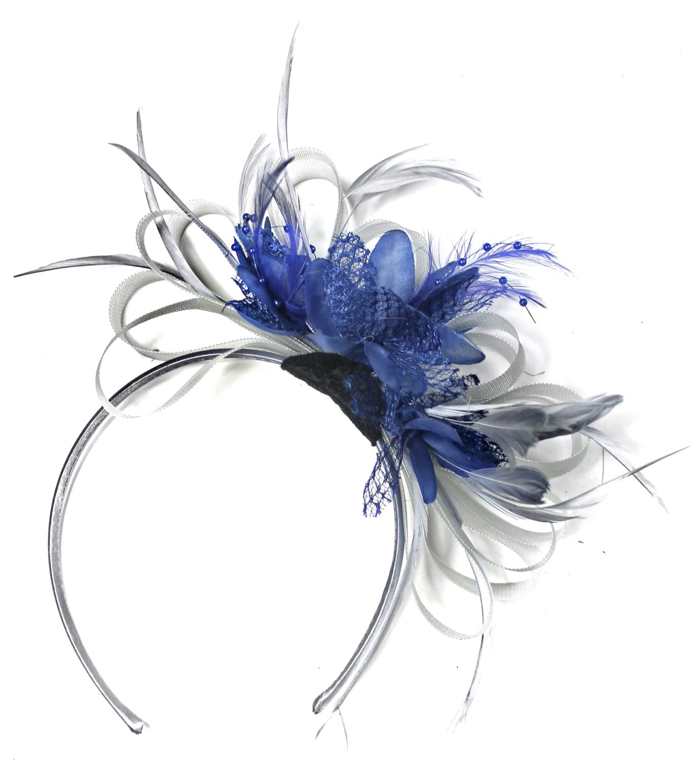 Grey Silver & Royal Blue Fascinator on Headband AliceBand UK