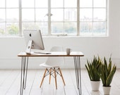 Iroko Midcentury Modern Desk with raw iron hairpin legs