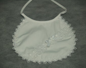 WHITE Baptism Bib Girl Cotton with small rose detail, Delicate Lace Trim, Girls Cotton Bib, White Bib, Christening Accessory, Shower Gift