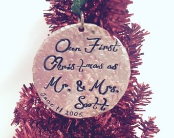 Hand Stamped Personalized-Our First Christmas- Merry Christmas 2014 ornaments Custom-family-gift-tree decoration-wedding gift