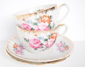 Vintage Set of 2 Noritake Japan Teacups and Saucers, Floral White Cups Gold Trim Fine Porcelain China Peonies Flower Decor Tea cups Standard