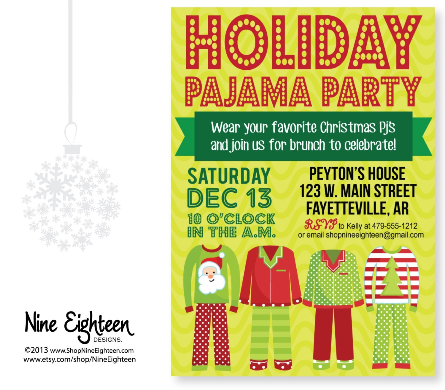 Christmas Pajama Party Invitation. Custom by NineEighteen on Etsy