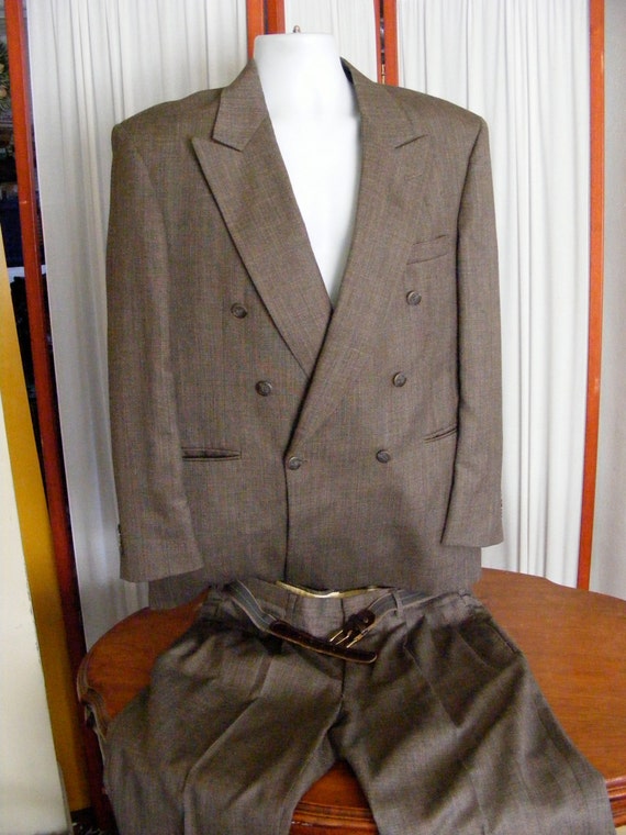 Double Breasted Men's 1980's Suit Grey / Brown 42R