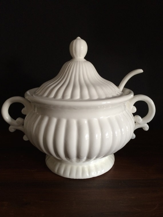 Vintage Classic White Soup Tureen with Ladle by BallyhooandBedbugs