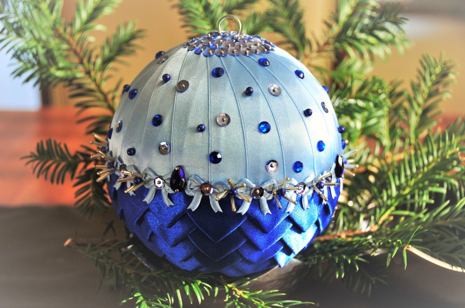 Handcrafted Satin Ribbon Christmas Ball, Christmas Tree Decorations, Handmade Decorations,Beautiful Christmas Ornament, Blue, Silver Ball