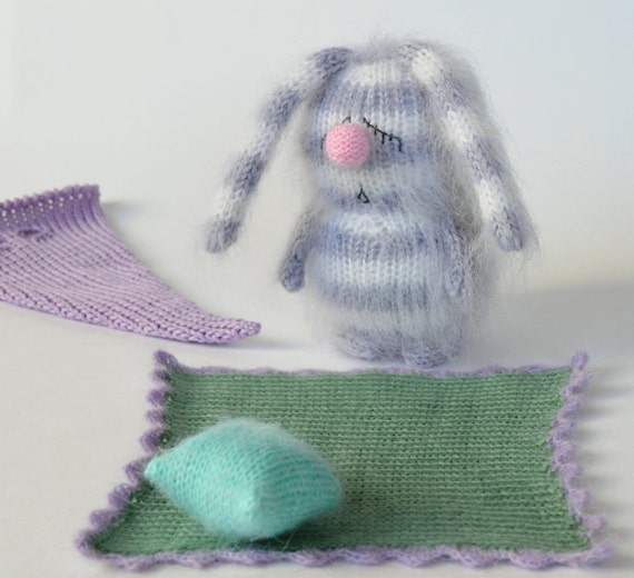 Snoozy Grey Bunny with Blanket & Pillow Hand-knitted bunny