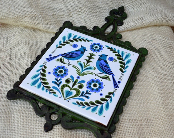 Vintage Cast Iron and Tile Blue, Purple And Green Bird Trivet  // Vintage Wall Hanging